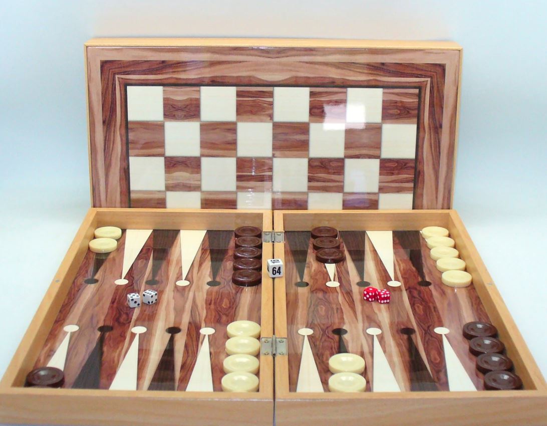 Backgammon - Walnut Decoupage with Chess Board back 19"
